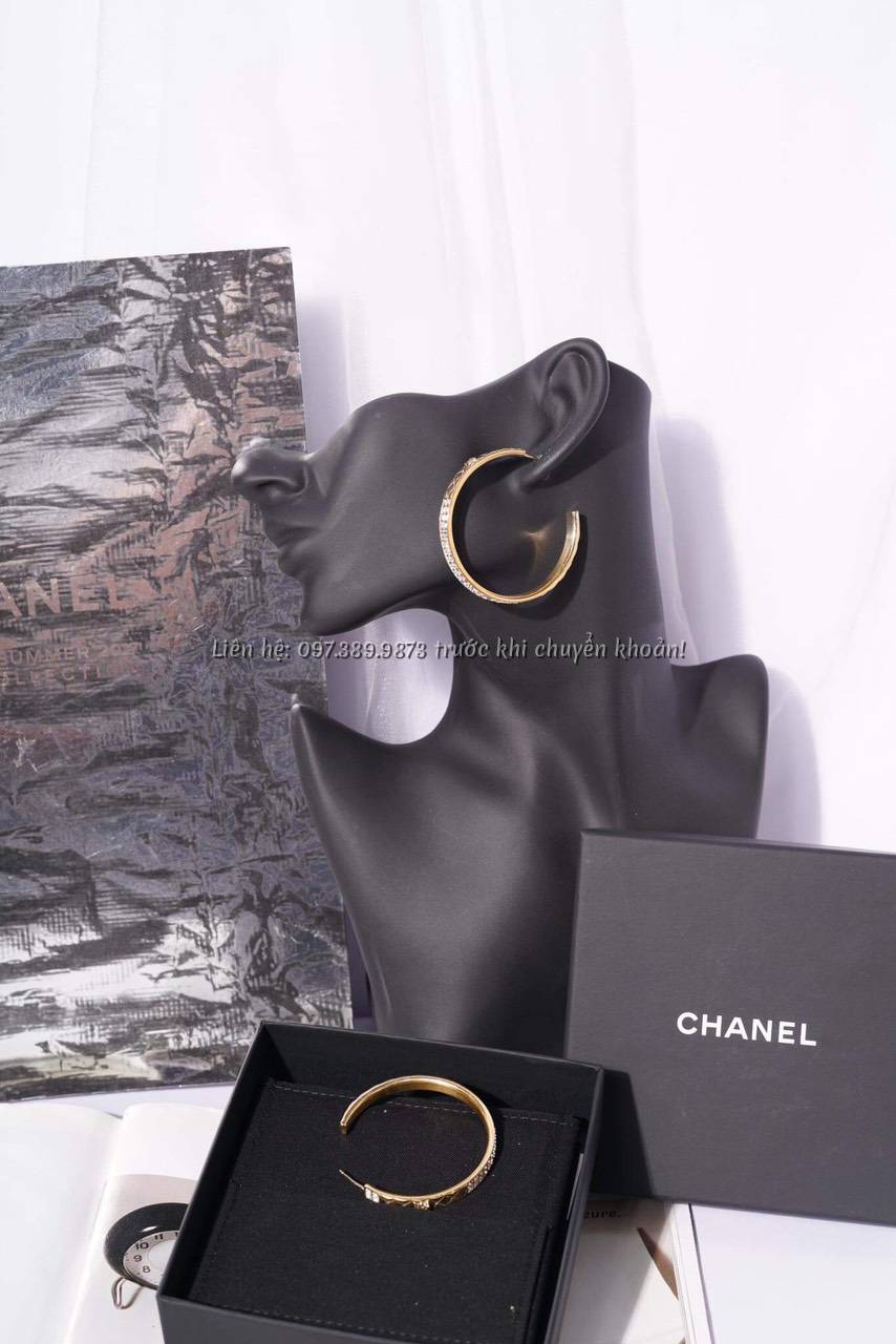 Ảnh Khuyên Tai CC Màu Vàng Gold Đính Đá Chanel New Full Box