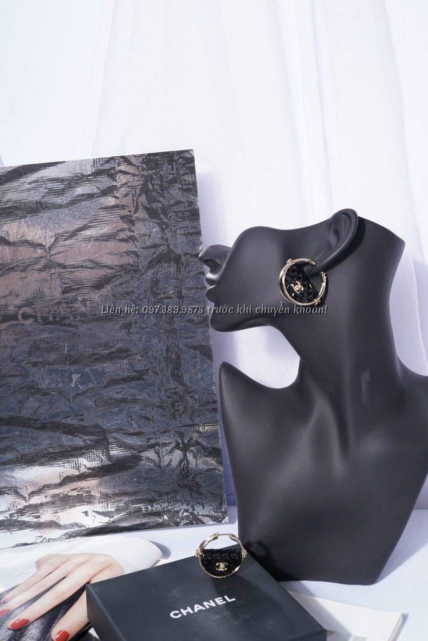 Ảnh Khuyên Tai Chanel Round Earrings Metal High Quality Resin Metallic Gold & Black